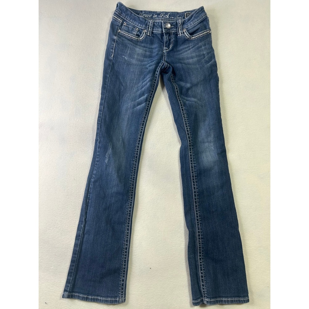 Grace in LA Womens Bootcut Jeans 25 Medium Wash Rhinestone Embroidered Western